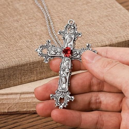 Gothic Cross Necklace! Oversized silver-tone pendant, red stone center. Unique Gothic style, highly personalized. Versatile for daily, formal, religious & nightlife. Best gift for your loved.