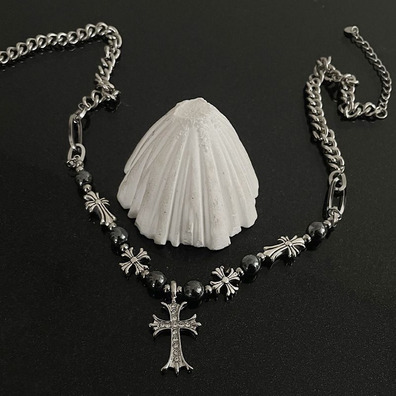 Unisex Titanium Steel Beaded Cross Necklace, Retro Layered Chain with Rhinestones, Gothic Hip - Hop Jewelry, Durable Anti - Tarnish Gift for Men Women, Daily Party Wear