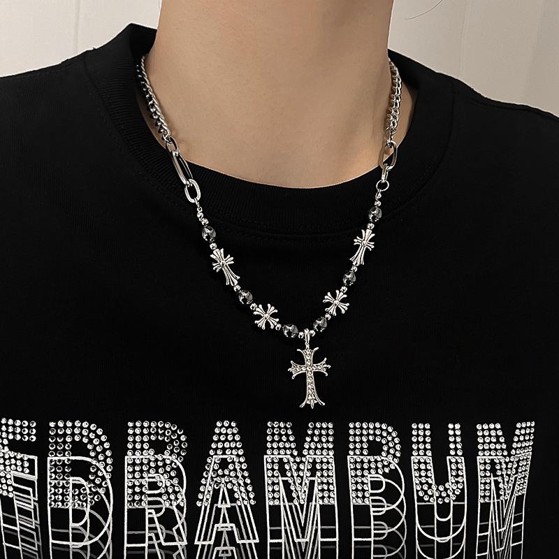 Unisex Titanium Steel Beaded Cross Necklace, Retro Layered Chain with Rhinestones, Gothic Hip - Hop Jewelry, Durable Anti - Tarnish Gift for Men Women, Daily Party Wear