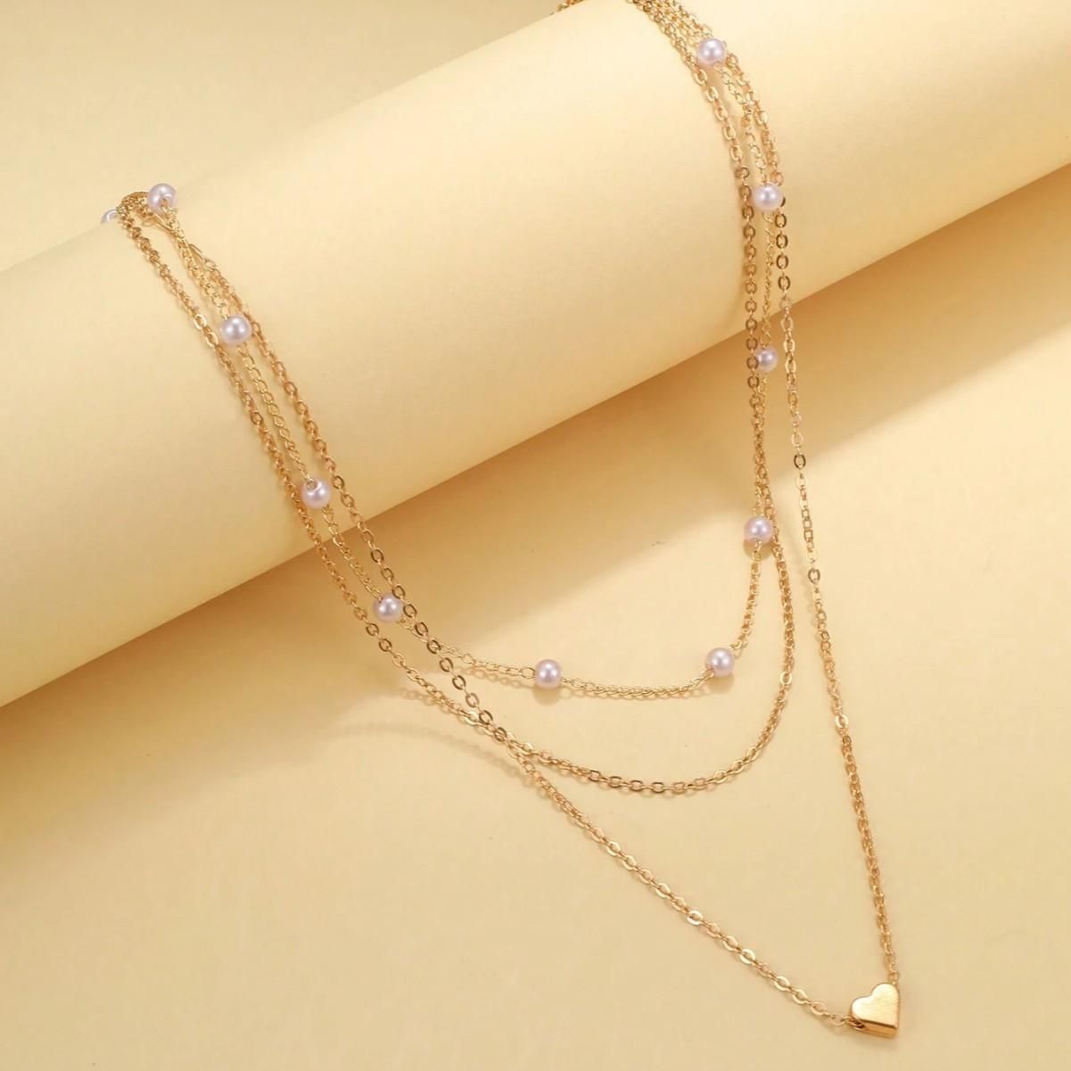 Women's Gold Pearl Multi - Layer Necklace, Dainty Heart Pendant Choker, Delicate Layered Chain Jewelry, Trendy Boho Beachwear Accessory, Ideal Gift for Her