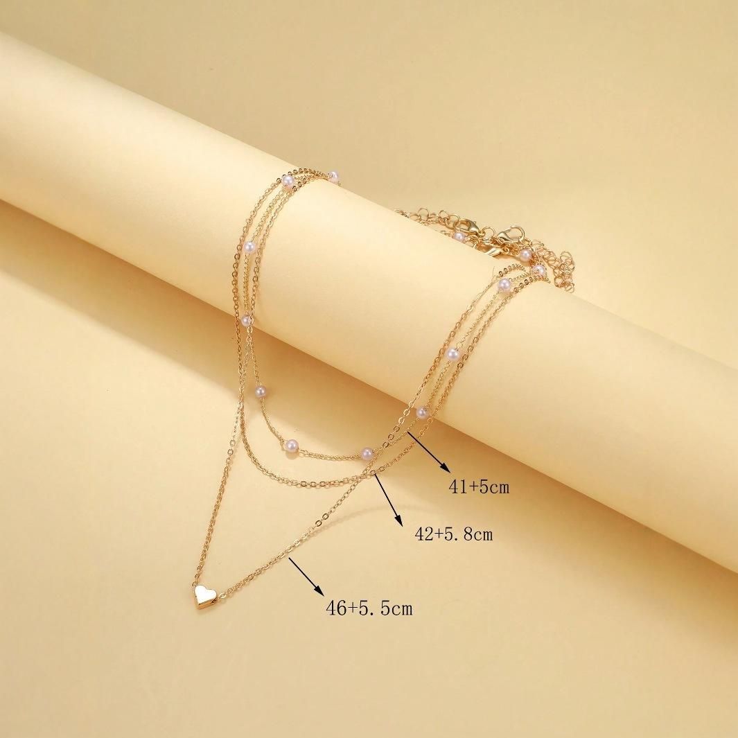 Women's Gold Pearl Multi - Layer Necklace, Dainty Heart Pendant Choker, Delicate Layered Chain Jewelry, Trendy Boho Beachwear Accessory, Ideal Gift for Her
