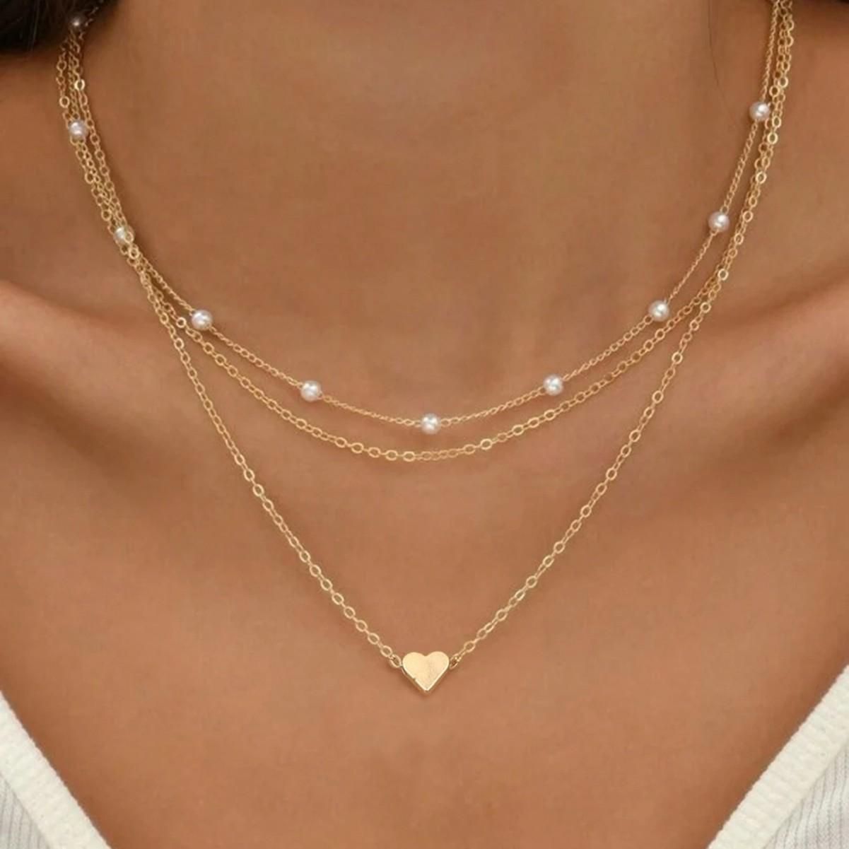 Women's Gold Pearl Multi - Layer Necklace, Dainty Heart Pendant Choker, Delicate Layered Chain Jewelry, Trendy Boho Beachwear Accessory, Ideal Gift for Her