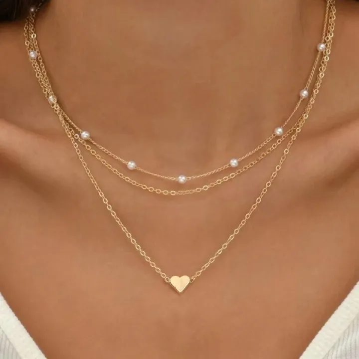 Women's Gold Pearl Multi - Layer Necklace, Dainty Heart Pendant Choker, Delicate Layered Chain Jewelry, Trendy Boho Beachwear Accessory, Ideal Gift for Her