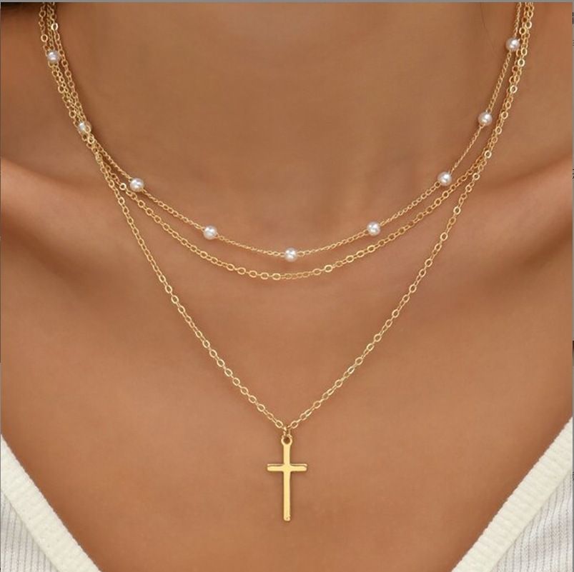 Gold - Plated Pearl Multi - Layer Necklace for Women, Dainty Cross Choker, Trendy Boho Beach Jewelry, Perfect Birthday/Christmas Gift for Her