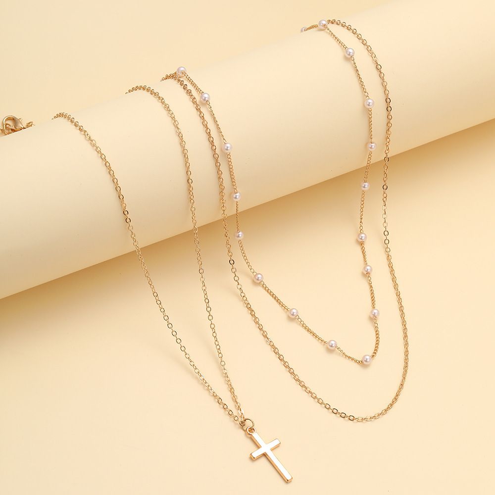 Gold - Plated Pearl Multi - Layer Necklace for Women, Dainty Cross Choker, Trendy Boho Beach Jewelry, Perfect Birthday/Christmas Gift for Her