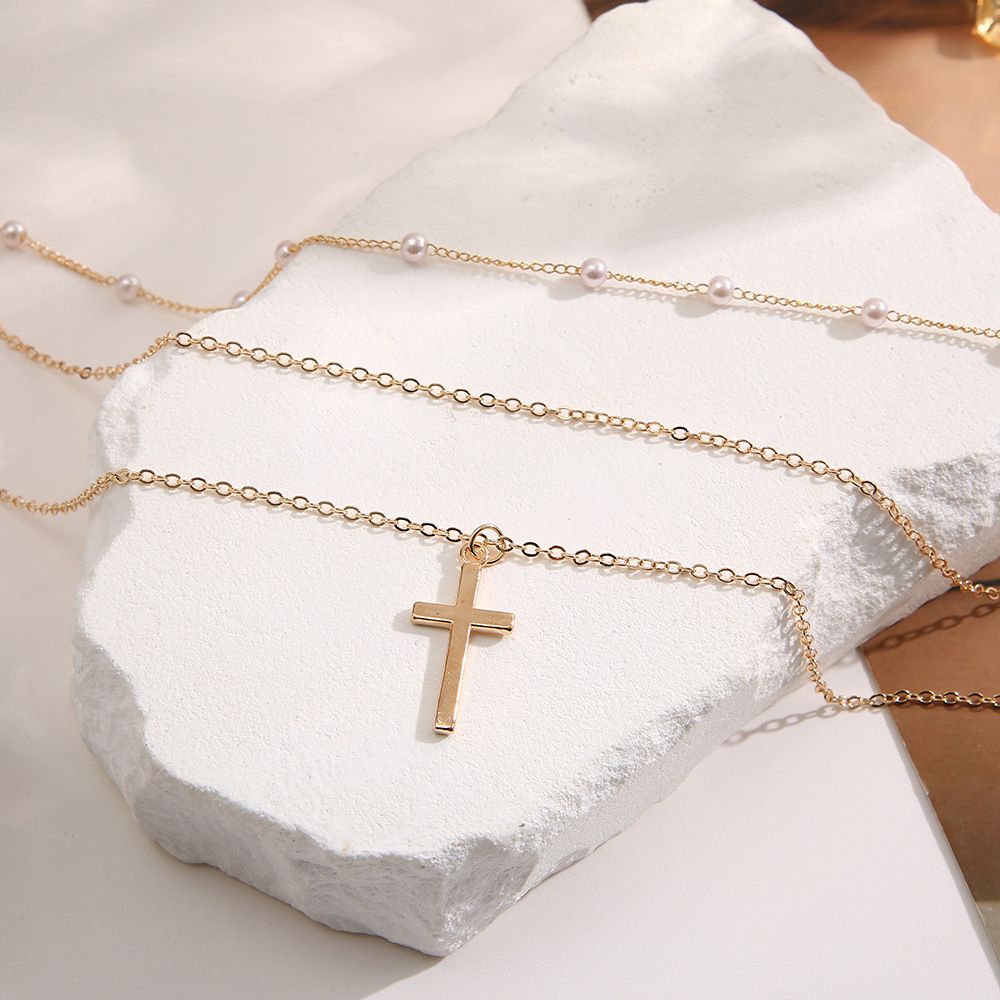 Gold - Plated Pearl Multi - Layer Necklace for Women, Dainty Cross Choker, Trendy Boho Beach Jewelry, Perfect Birthday/Christmas Gift for Her