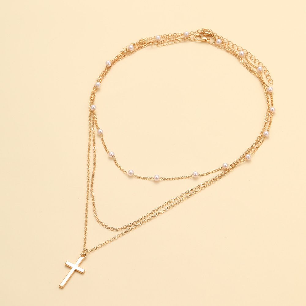 Gold - Plated Pearl Multi - Layer Necklace for Women, Dainty Cross Choker, Trendy Boho Beach Jewelry, Perfect Birthday/Christmas Gift for Her