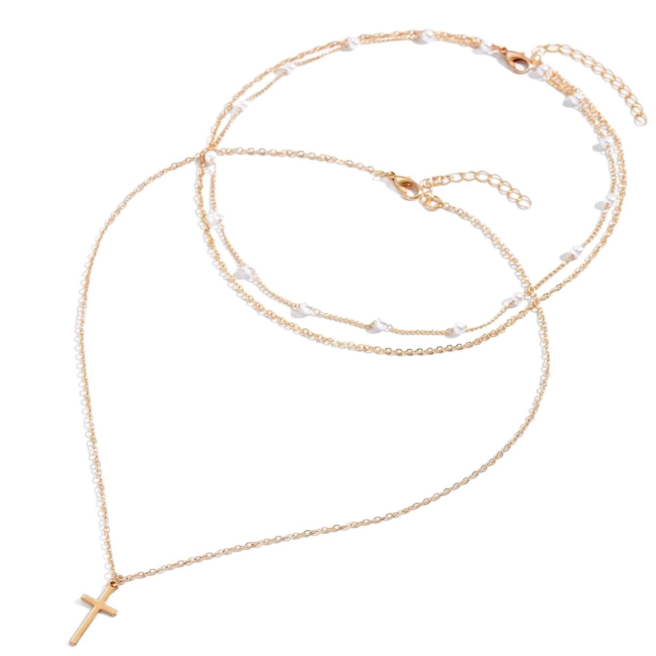 Gold - Plated Pearl Multi - Layer Necklace for Women, Dainty Cross Choker, Trendy Boho Beach Jewelry, Perfect Birthday/Christmas Gift for Her