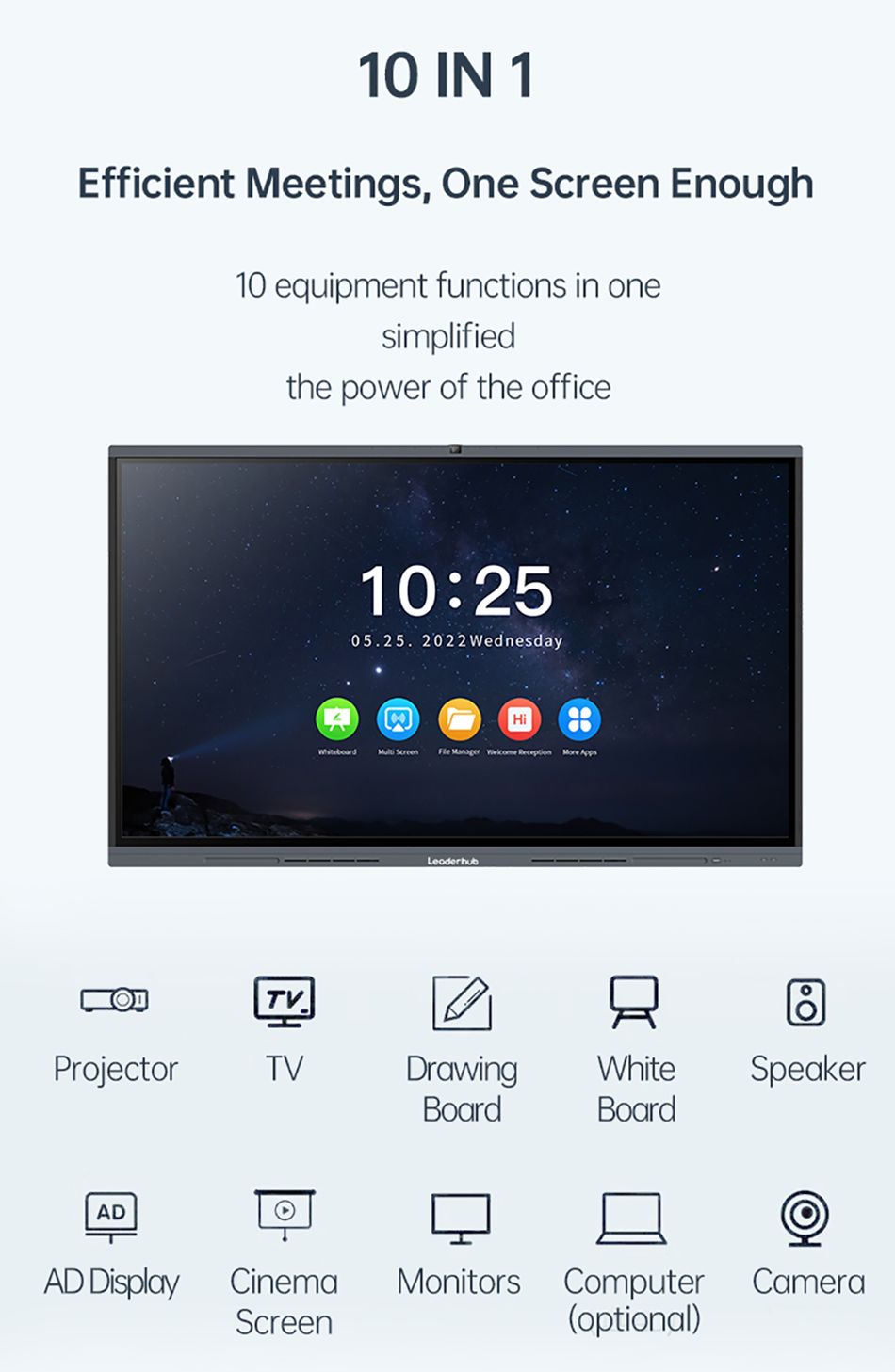 Leaderhub L75H 75'' Smart White Board Android 11.0 Interactive Flat Panel with 48MP AI Camere for Classroom Conference ​Meeting Room