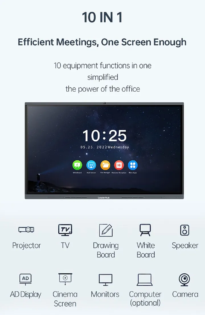 Leaderhub L75H 75'' Smart White Board Android 11.0 Interactive Flat Panel with 48MP AI Camere for Classroom Conference ​Meeting Room