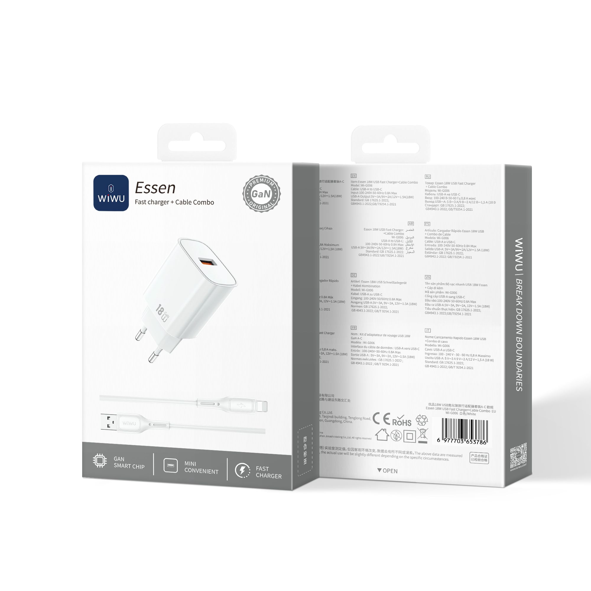KMAX EU CE 18W Essential GaN Fast Smartphone Charger USB fit 100-240V 50-60Hz use for iphone android phoe With 1 pcs lightning cable G006 A-C