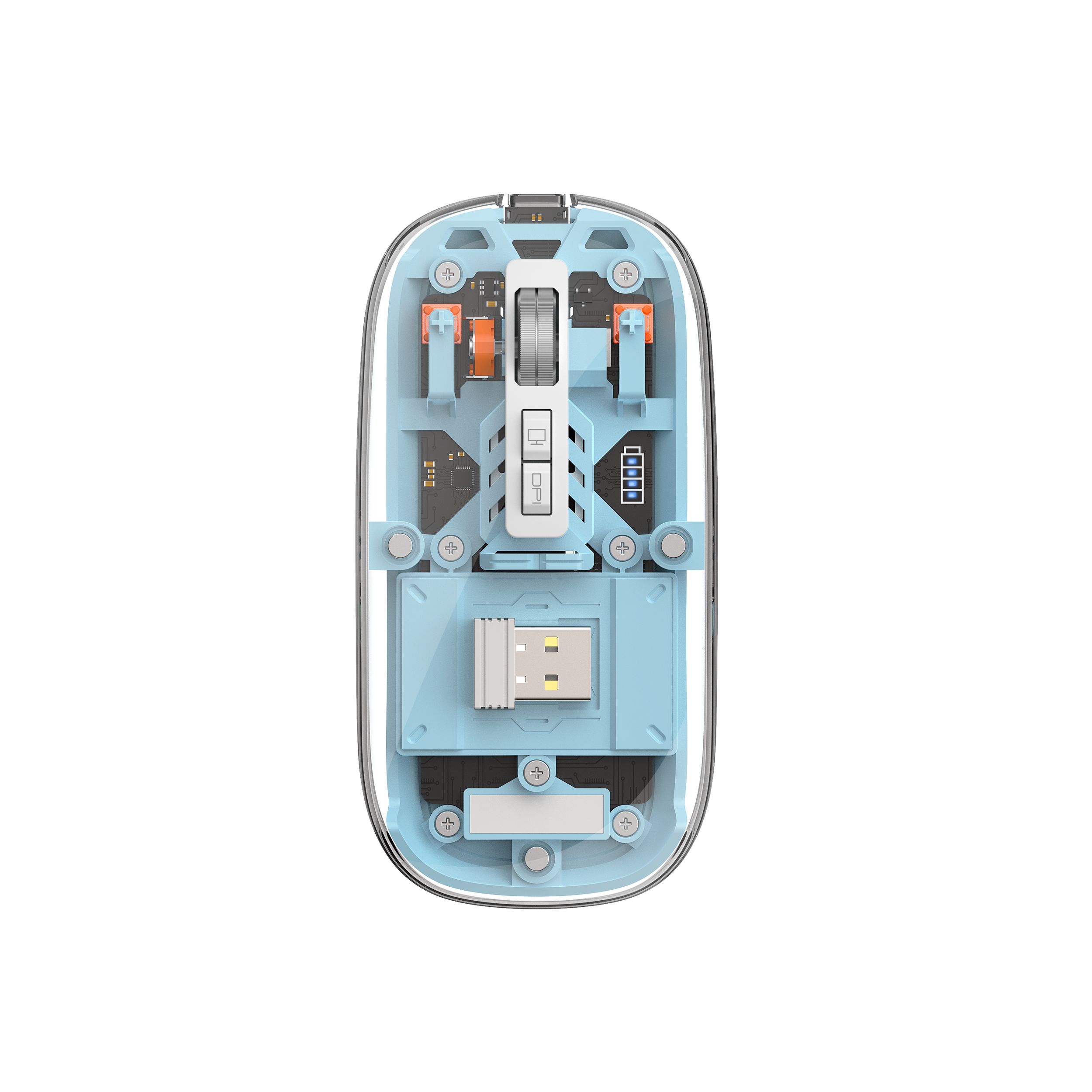 KMAX WM105 Crystal Wireless Mouse Gray Material: PC + Metal Scroll Wheel Bluetooth + 2.4G Dual Mode Can connect to 3 devices simultaneously Battery 400mAh 5 BUTTONS