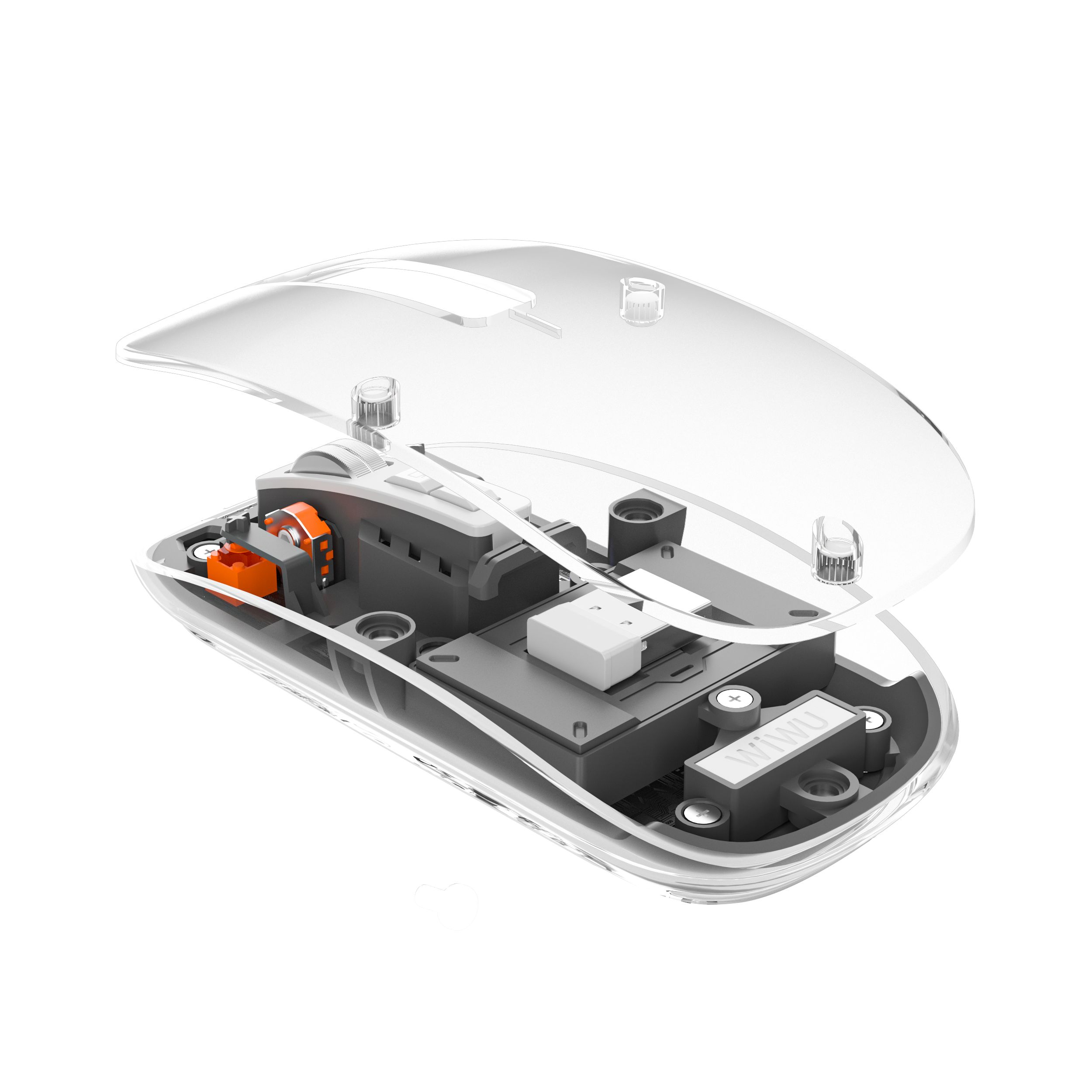 KMAX WM105 Crystal Wireless Mouse Gray Material: PC + Metal Scroll Wheel Bluetooth + 2.4G Dual Mode Can connect to 3 devices simultaneously Battery 400mAh 5 BUTTONS