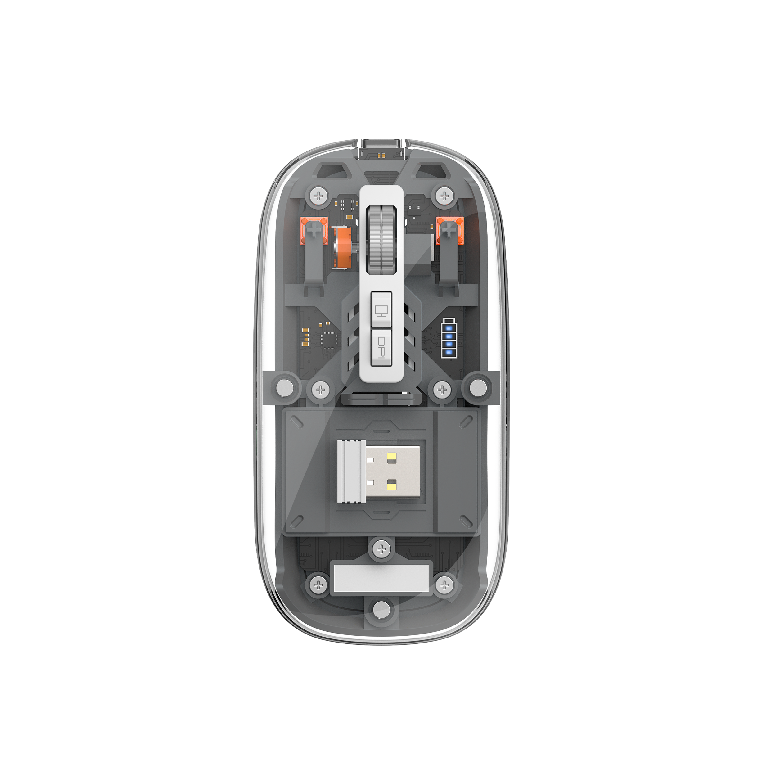 KMAX WM105 Crystal Wireless Mouse Gray Material: PC + Metal Scroll Wheel Bluetooth + 2.4G Dual Mode Can connect to 3 devices simultaneously Battery 400mAh 5 BUTTONS