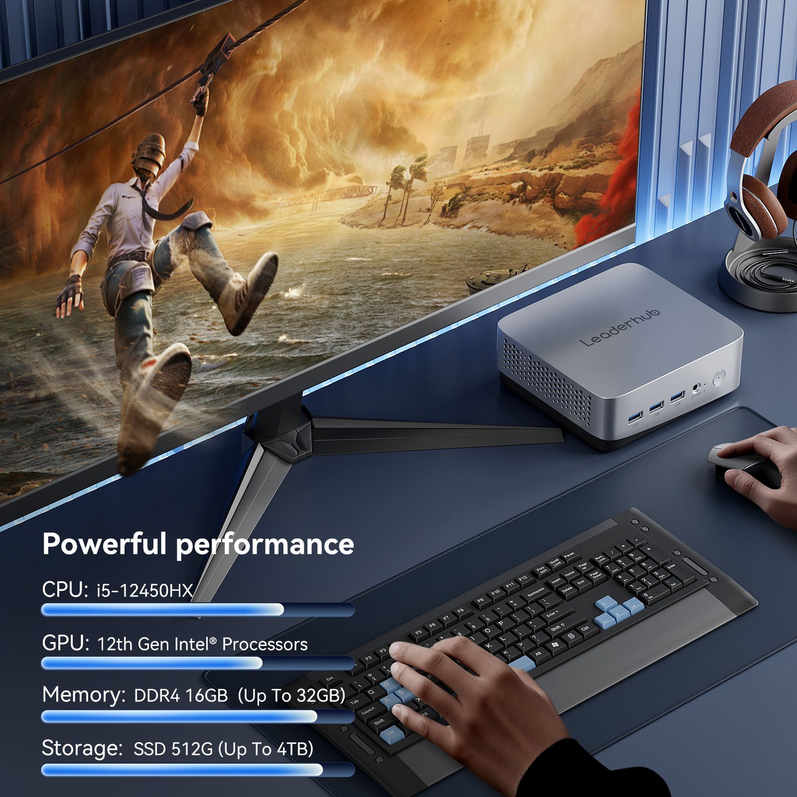 Leaderhub LP5C Mini PC i5-12450HX 16GB DDR4*2 +512GB M.2 NVMe SSD  Mini Computers USB 3.2 WiFi 6  BT5.2 RJ45 2.5G 4K Triple Display Desktop PC
