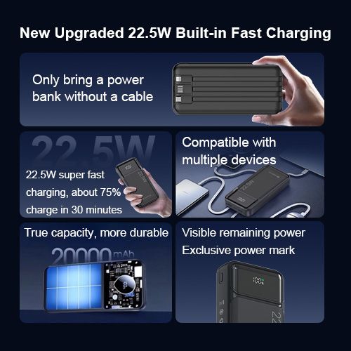 ‌Leaderhub PF200 22.5W  Power Bank 20000mAh Triple Output (Type-C + USB+Lightning) Digital Display CE Certified Compact & Portable for Smartphones/Tablets (Black)