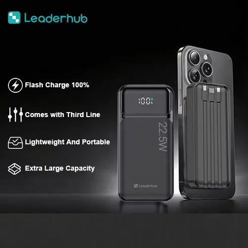 ‌Leaderhub PF200 22.5W  Power Bank 20000mAh Triple Output (Type-C + USB+Lightning) Digital Display CE Certified Compact & Portable for Smartphones/Tablets (Black)