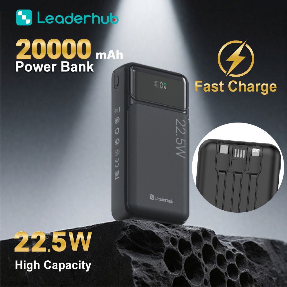 Leaderhub Dual Fast Charge PF200 20000mAh 22.5W Portable Power Bank with Type-C+Micro-USB Port +Power Display & F91PD 5000mAh Power Bank with Dual Type-C Cable