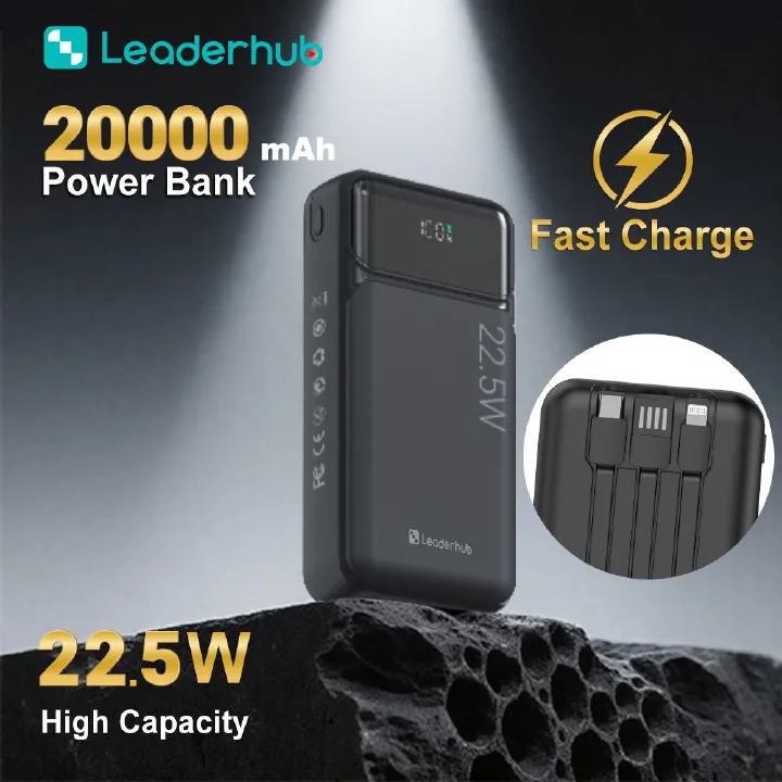 Leaderhub Dual Fast Charge PF200 20000mAh 22.5W Portable Power Bank with Type-C+Micro-USB Port +Power Display & F91PD 5000mAh Power Bank with Dual Type-C Cable