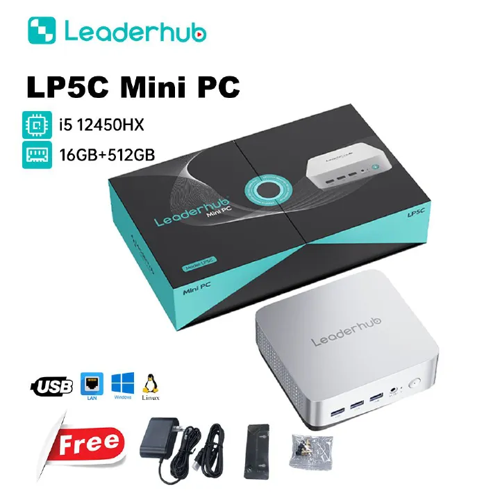 Leaderhub LP5C Mini PC i5-12450HX 16GB DDR4*2 +512GB M.2 NVMe SSD  Mini Computers USB 3.2 WiFi 6  BT5.2 RJ45 2.5G 4K Triple Display Desktop PC