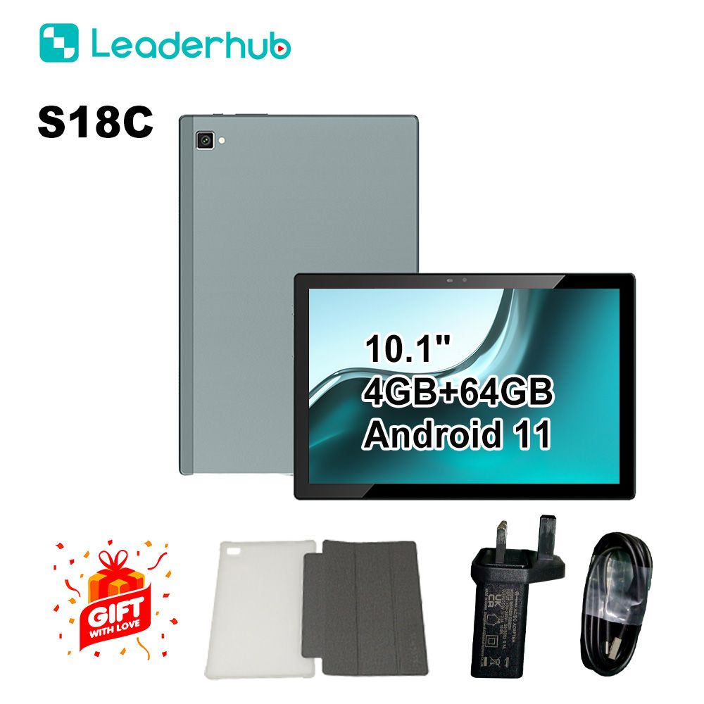 Leaderhub S18C 10.1'' 800×1280 IPS Tablet with Free Leather Case, with 6000mah Battery, 4GB+64GB Memory, Android 11 OS Support SIM/TF Card