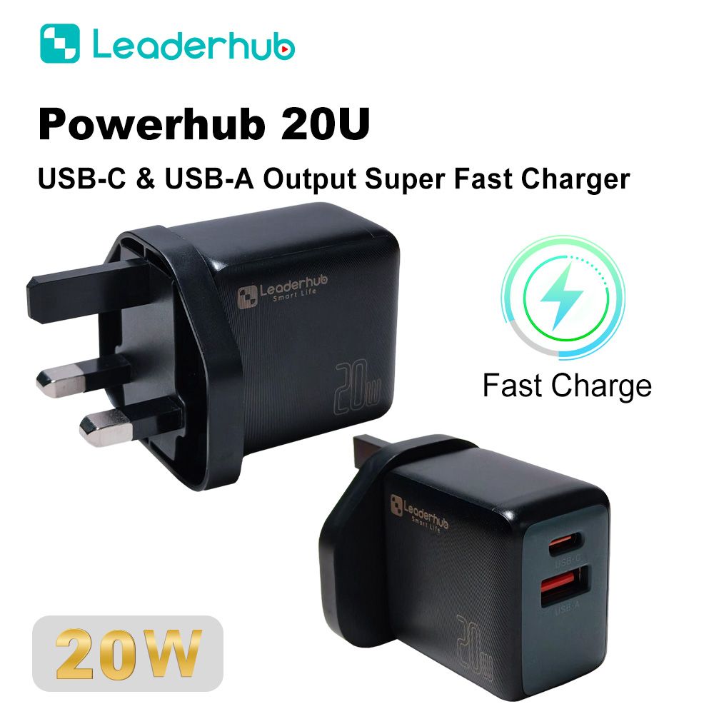 Leaderhub 20U/10U Fast Charger UK Plug Wall Charger 20W USB A + USB C Port  and 10.5W Dual USB Ports Smartphone Adapter(UK Plug Black)