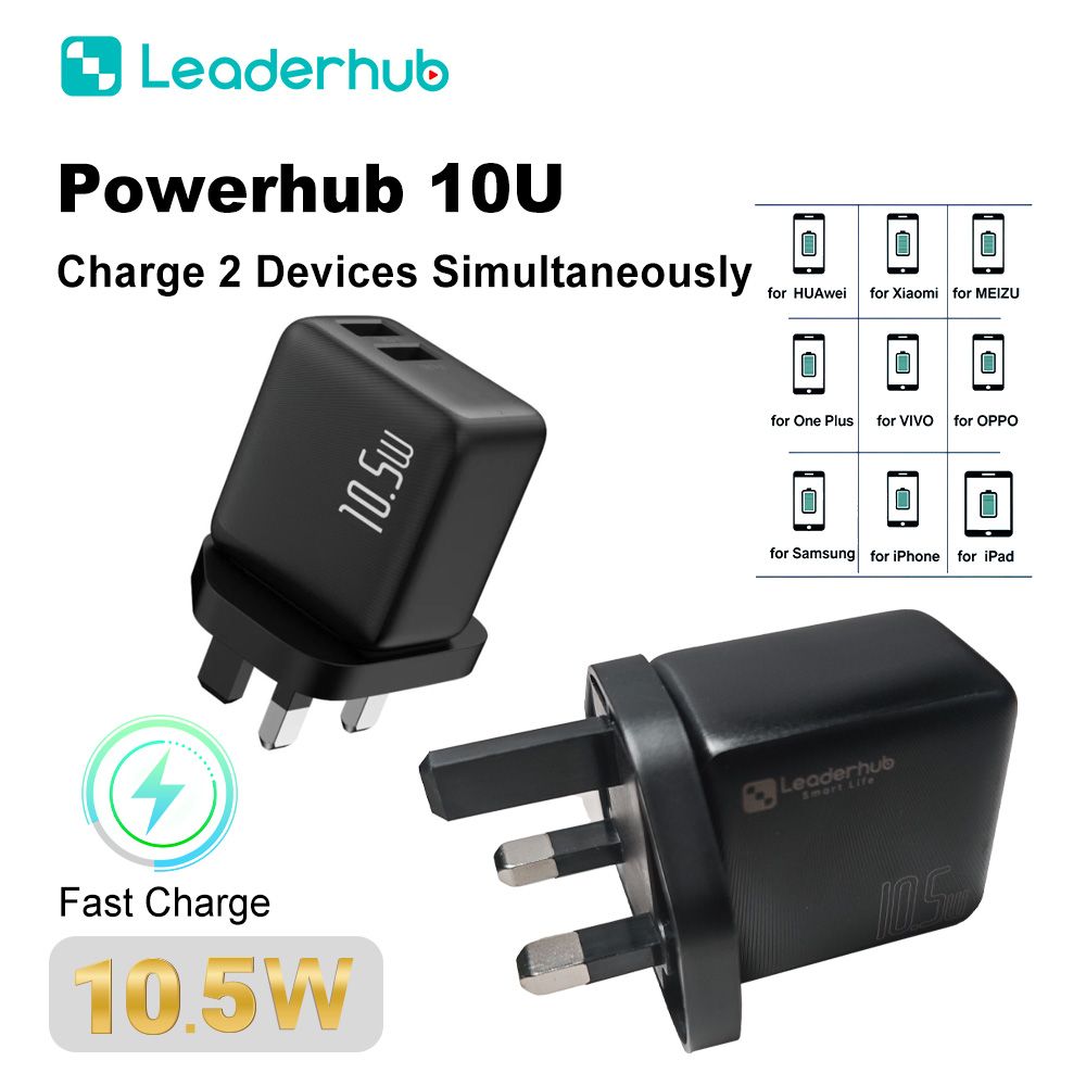 Leaderhub 20U/10U Fast Charger UK Plug Wall Charger 20W USB A + USB C Port  and 10.5W Dual USB Ports Smartphone Adapter(UK Plug Black)