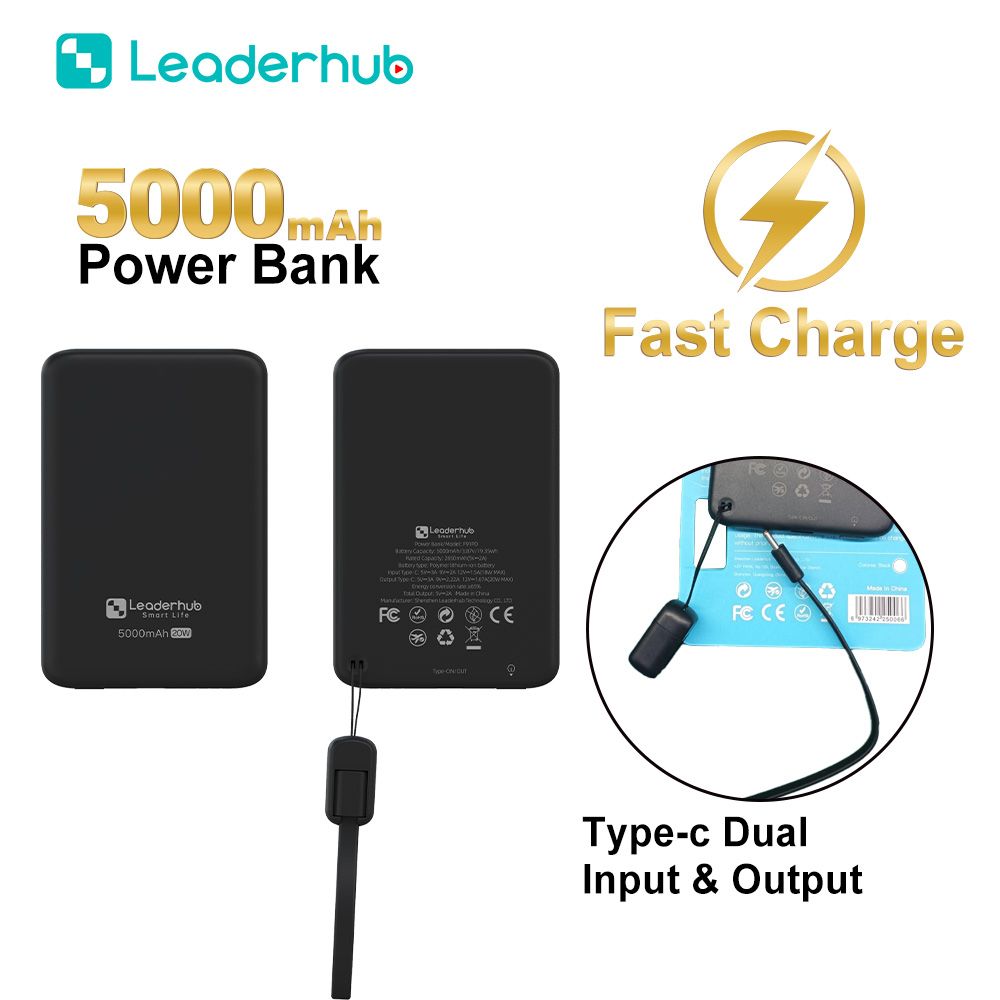 Leaderhub Dual Fast Charge PF200 20000mAh 22.5W Portable Power Bank with Type-C+Micro-USB Port +Power Display & F91PD 5000mAh Power Bank with Dual Type-C Cable