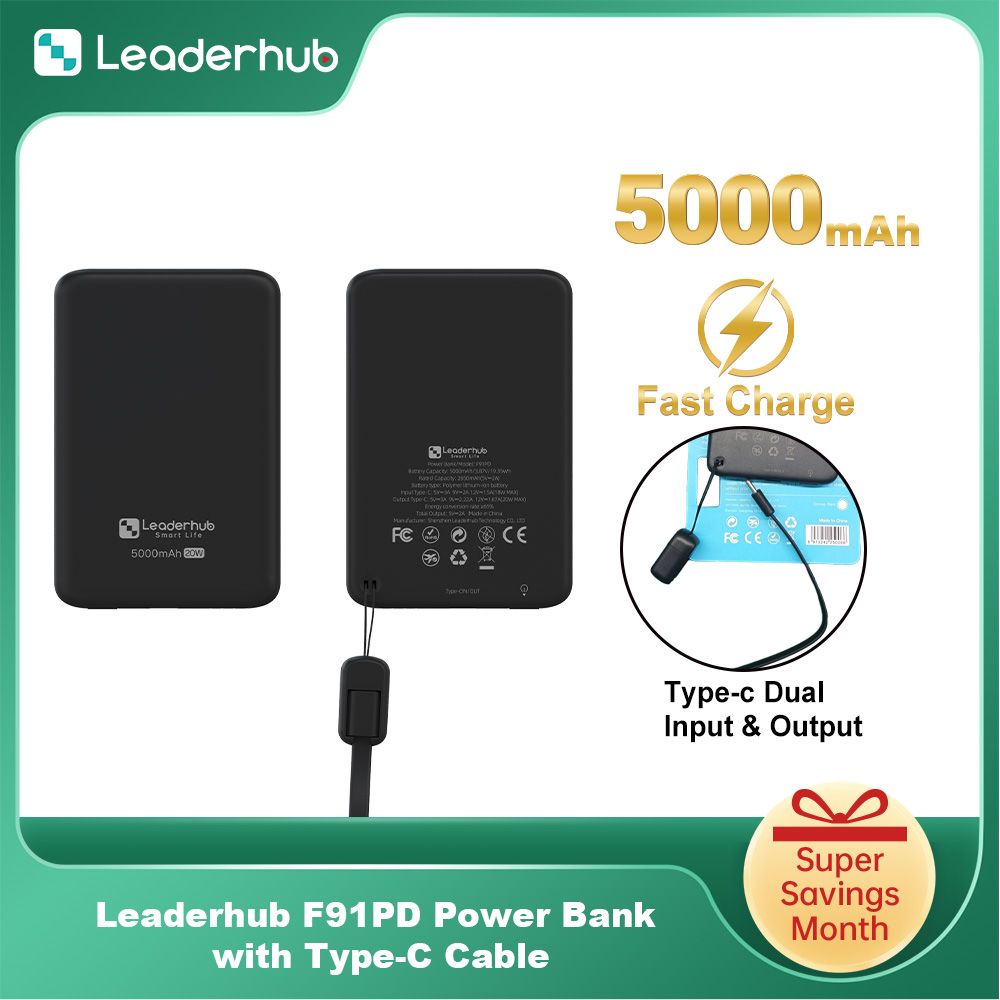 Leaderhub Actual 5000mAh/20000mAh Power Bank - NO Fake Capacity - 22.5W Fast Charger with 3 Cables - Charges 5000mAh Phone 4X - Digital Display - Type C Portable Battery Pack