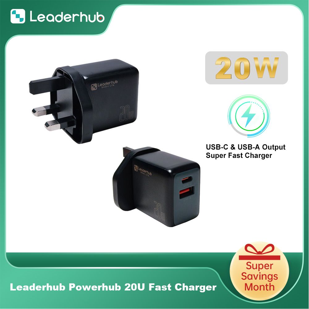 Leaderhub 20U/10U Fast Charger UK Plug Wall Charger 20W USB A + USB C Port  and 10.5W Dual USB Ports Smartphone Adapter(UK Plug Black)