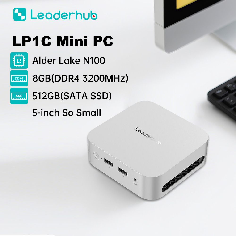[Complete Set] Leaderhub Mini PC Desktop Bundle: LP1C Mini PC + 24" FHD Monitor + Wireless Keyboard and Mouse Set for Office Work