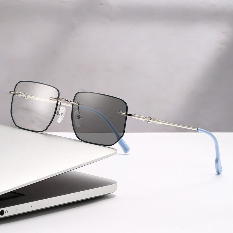 2025 Fashion Color Change Rimless Square Anti Blue Light Glasses Photochromic Eyeglasses Frames for Women Men 1PC