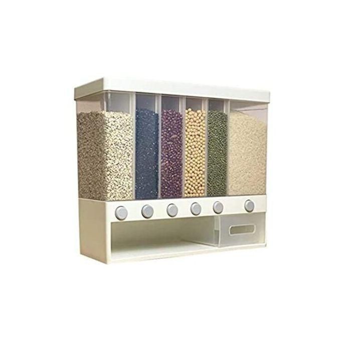 6 compartment cereals rice dispenser, Partitioned White Transparent Cereal/Rice Dispenser With Measuring Cup, 6 Compartments and adhesive sticker