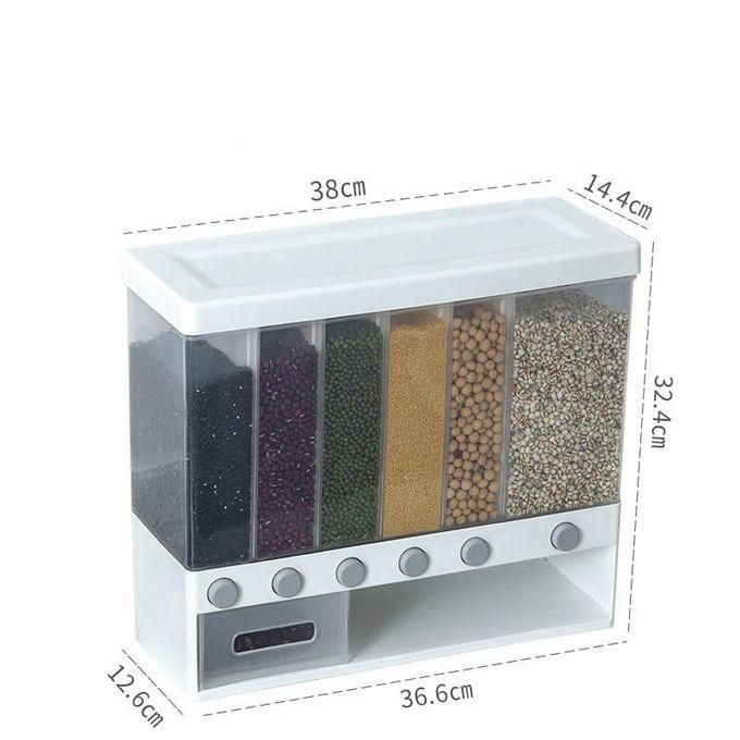 6 compartment cereals rice dispenser, Partitioned White Transparent Cereal/Rice Dispenser With Measuring Cup, 6 Compartments and adhesive sticker