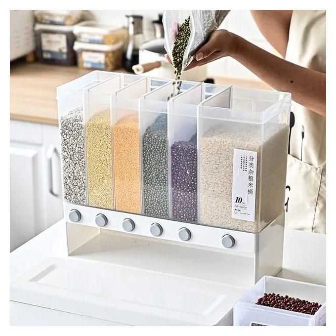 6 compartment cereals rice dispenser, Partitioned White Transparent Cereal/Rice Dispenser With Measuring Cup, 6 Compartments and adhesive sticker