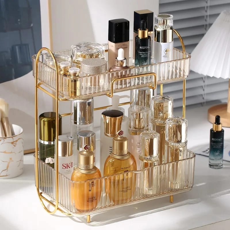 Multipurpose vanity stand, Desk Skincare Storage Rack, 2 Tier Plastic Makeup Organizer and Storage Shelf, Cosmetic Display Rack, Corner Organizer for Bedroom, Bathroom, Kitchen.