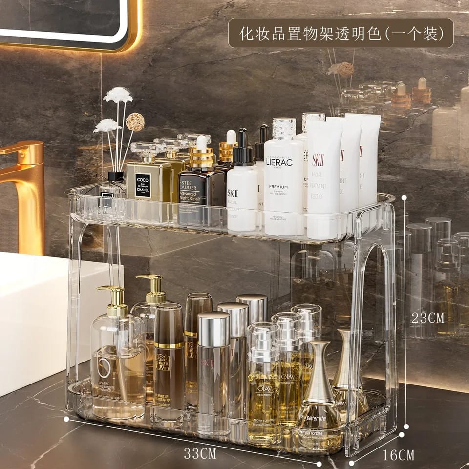 Multipurpose vanity stand, Desk Skincare Storage Rack, 2 Tier Plastic Makeup Organizer and Storage Shelf, Cosmetic Display Rack, Corner Organizer for Bedroom, Bathroom, Kitchen.