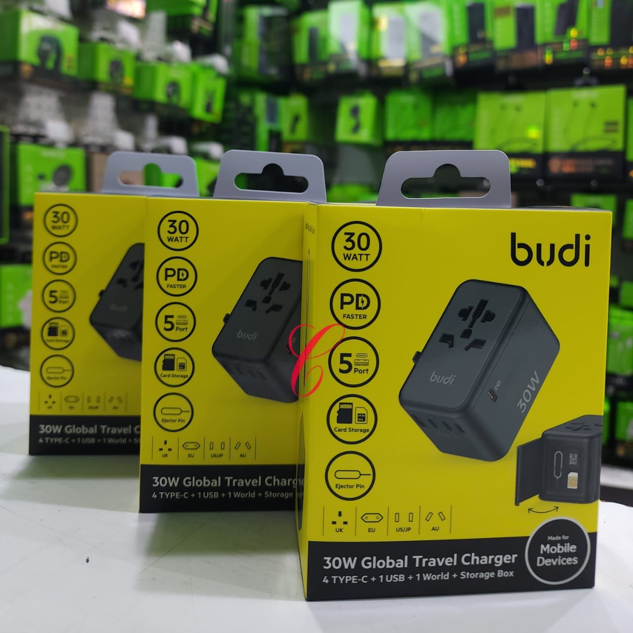 Budi AC355B30 30W Global Travel Charger with 4 Type C + 1 USB + 1 world + Storage Box