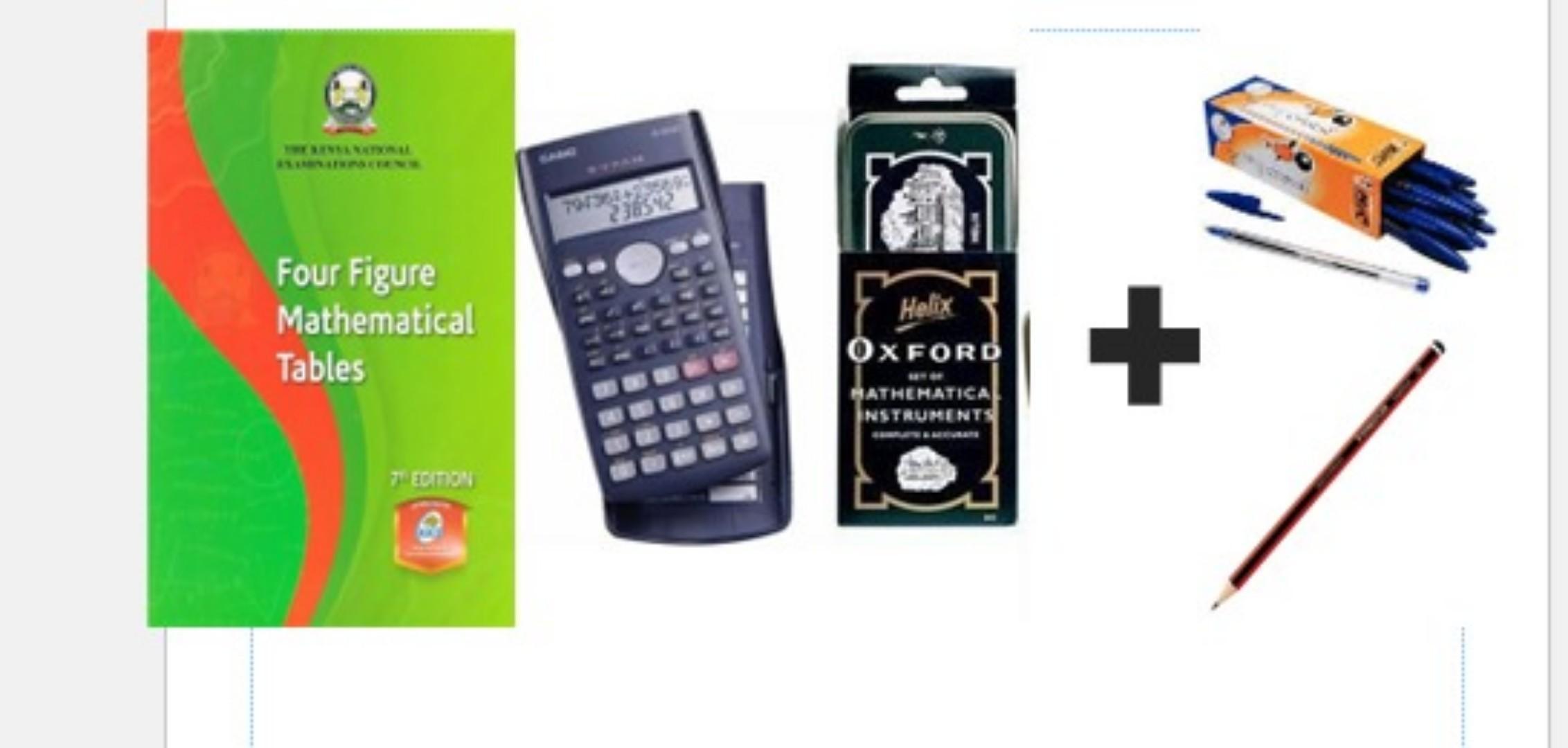 EXAM STATIONERIES FOR KNEC AND JSS EXAMS!: Mathematics log table, Helix Oxford Mathematical Set (Geometric Set), Scientific Calculator  + 2Free Pencils+ 1 free pens