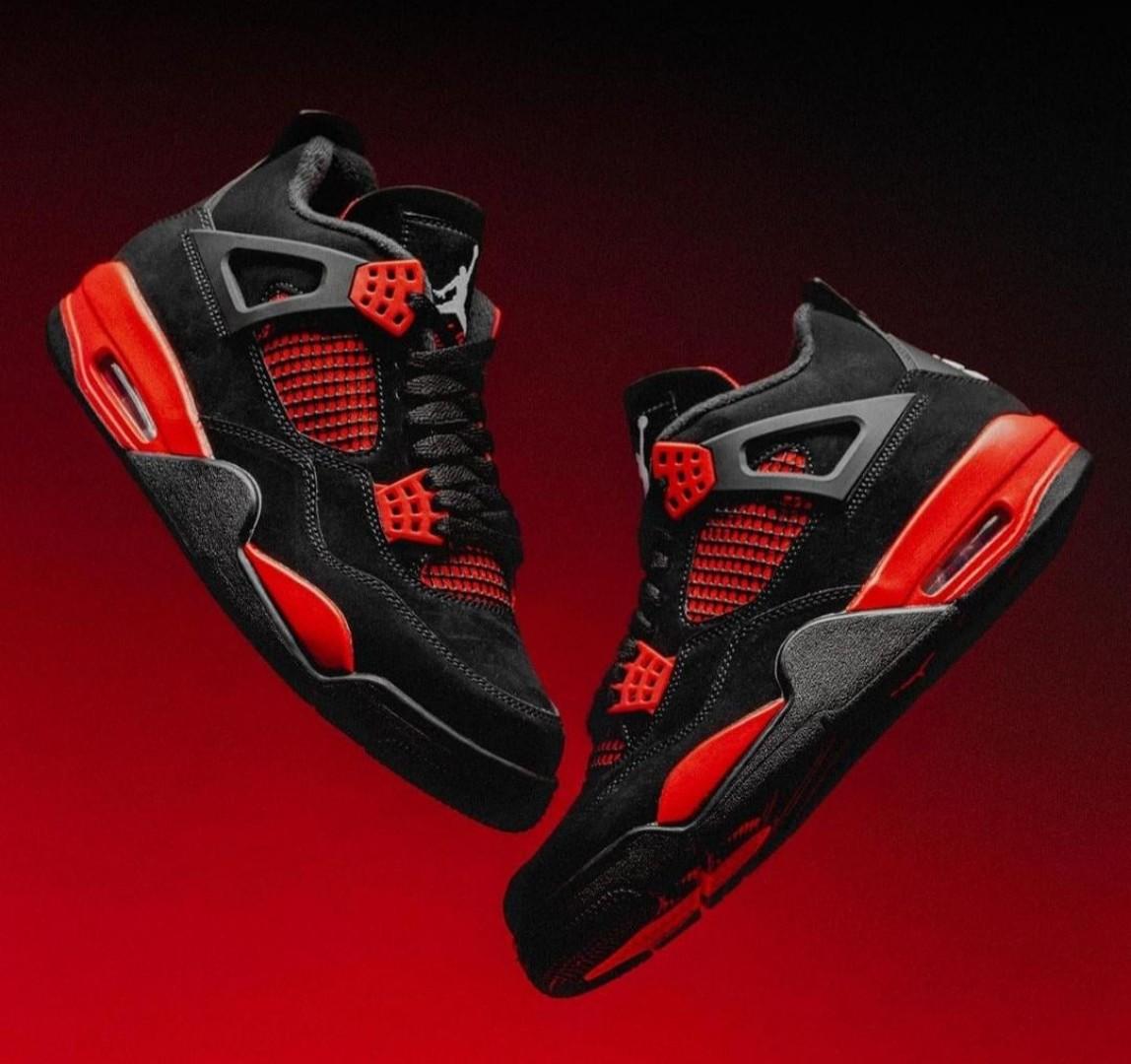 NEW ARRIVAL NIKEE Air Jordan 4 Retro “Red Thunder” – Limited Edition Nubuck Sneakers | Unisex Streetwear Basketball Shoes