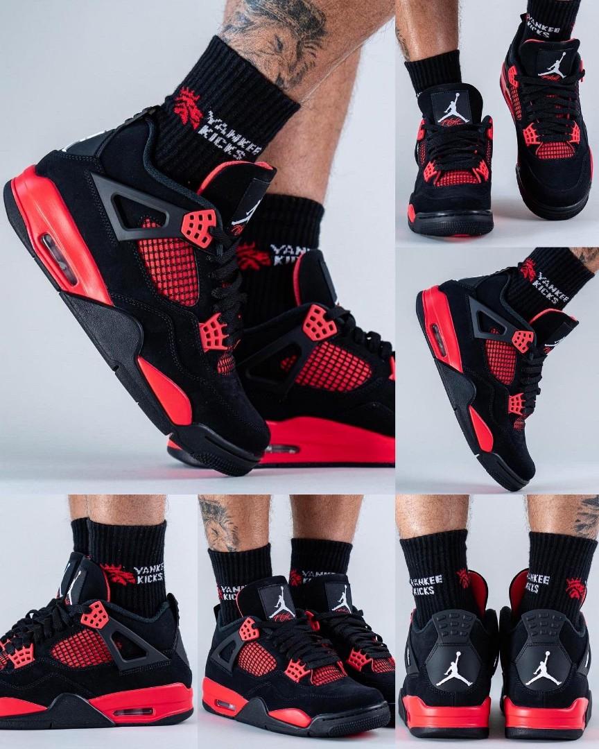 NEW ARRIVAL NIKEE Air Jordan 4 Retro “Red Thunder” – Limited Edition Nubuck Sneakers | Unisex Streetwear Basketball Shoes