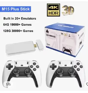 M15 Plus 2.4G Wireless Retro Game Stick console. 
It features 4K HDMI output for high-definition display on modern TVs. 
The package includes two 2.4GHz wireless controllers for multi-player gaming.