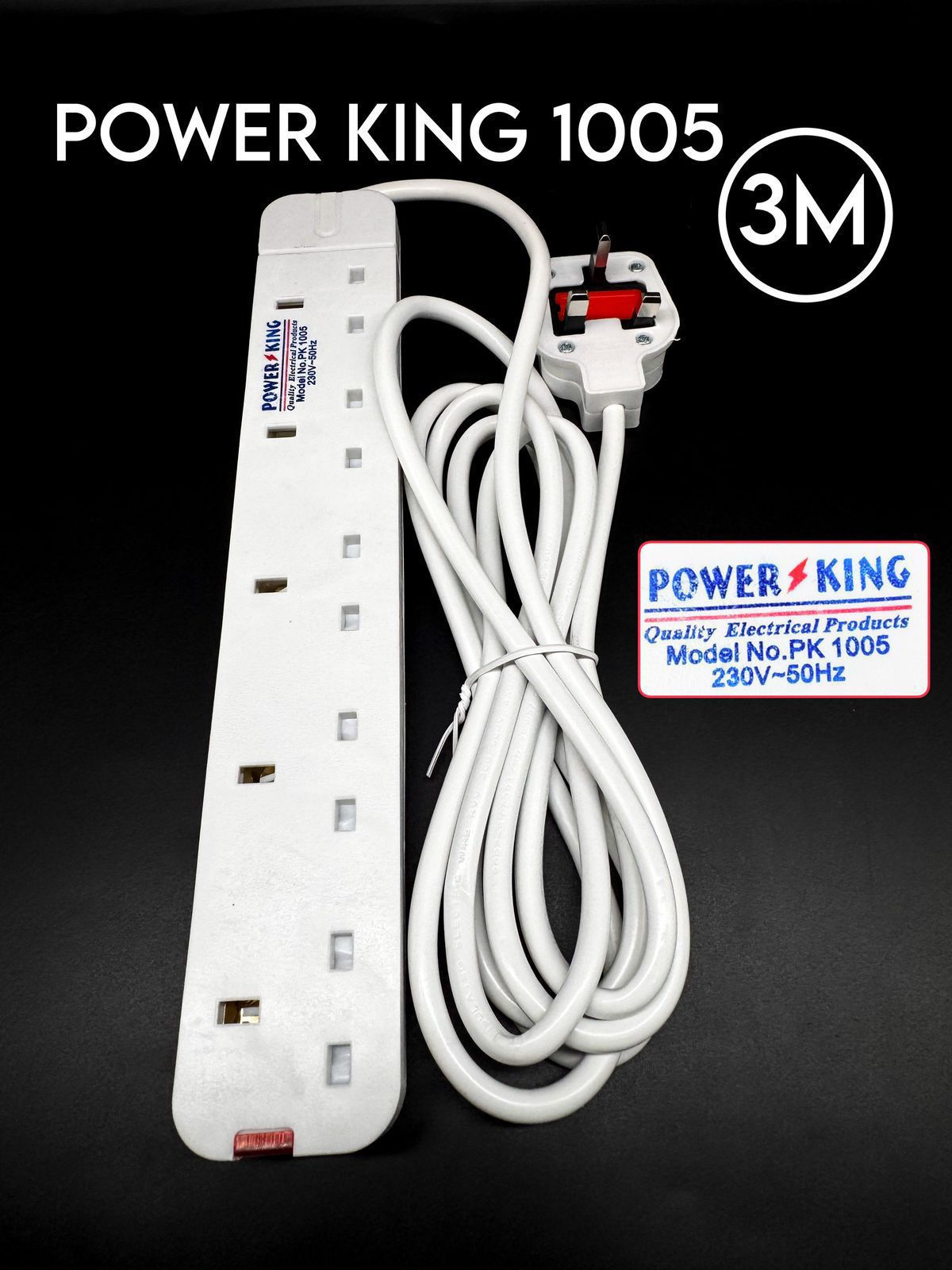 Power King PK-1005 3M extension 5-way power socket extension cable. 
Five Outlets: Provides connection points for up to five devices simultaneously. 
3-Meter Cable: Features an 8ft (3m) heavy-duty cab