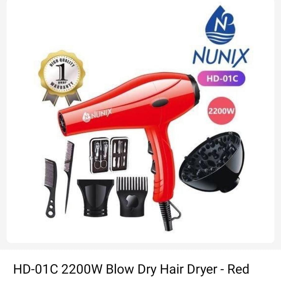 Nunix HD01C Professional Hair Dryer with Heat & Speed Settings, Salon-Quality AC Motor, Accessories Set & Safety Features for Home & Beauty Use