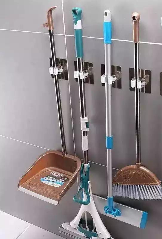 Wall-Mounted 4-Piece Mop Holder Set – Heavy-Duty Self-Adhesive Rack for Mops, Brooms & Tools – Space Saver for Kitchen, Bathroom, or Cleaning Closet