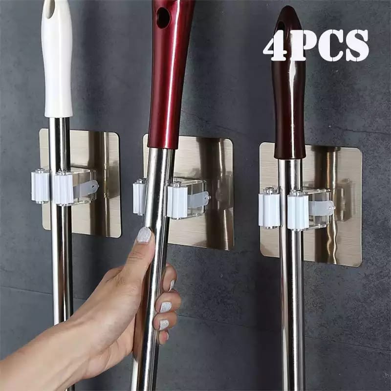 Wall-Mounted 4-Piece Mop Holder Set – Heavy-Duty Self-Adhesive Rack for Mops, Brooms & Tools – Space Saver for Kitchen, Bathroom, or Cleaning Closet