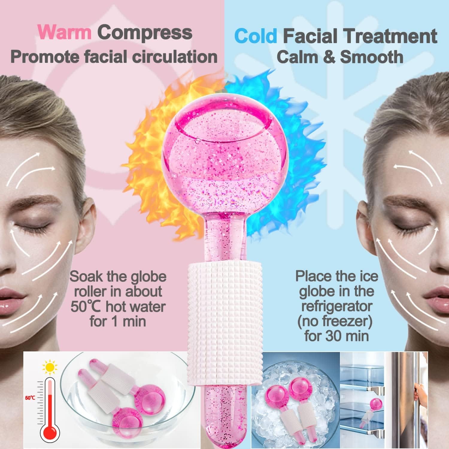 2pcs Ice Globes Facial Massage Tool Set – Cooling Glitter Face Rollers for Skin Tightening, Acne Relief, Wrinkle Reduction, Relaxation & Daily Skincare