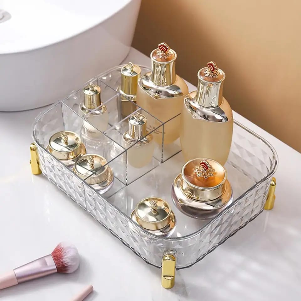 Large Capacity Multi-Grids Transparent Makeup Organizer – Space-Saving Cosmetic Storage Box for Skincare, Toiletries & Daily Essentials
