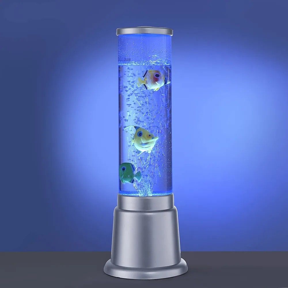 LED Water Bubble Aquarium Column – 38cm Decorative Fish Tank Lamp with 5 Artificial Fish, Color Changing Lights & Electric Bubble Tower