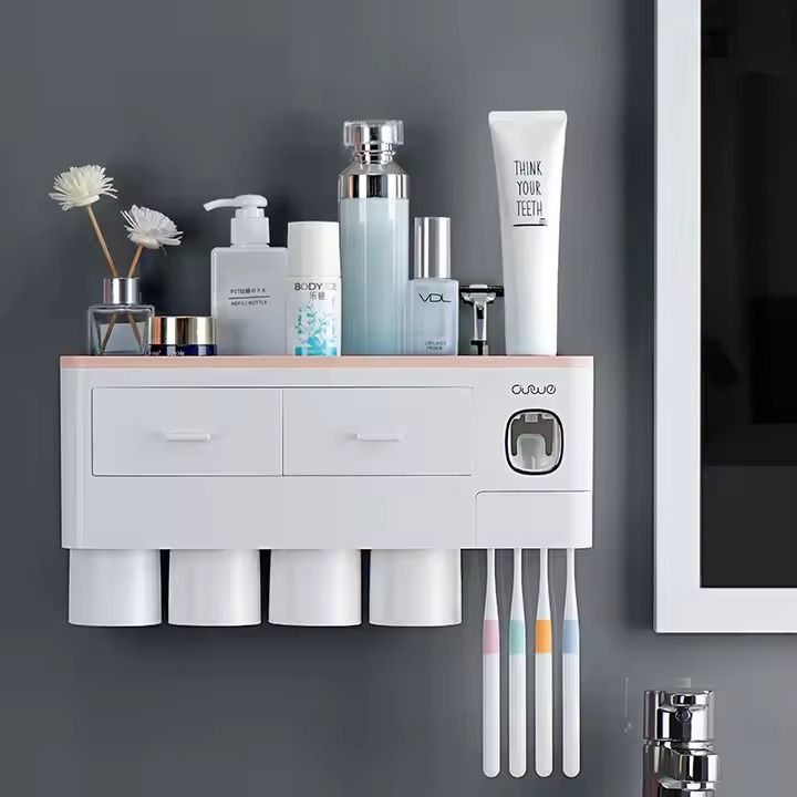 Bathroom Storage Rack Multipurpose 4 Cups Toothbrush Holder Punch-free Automatic Toothpaste Dispenser
